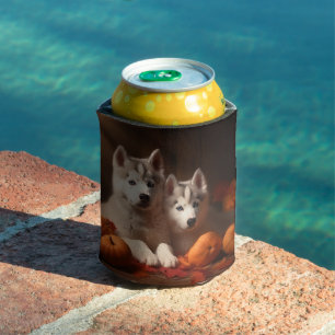Siberian Husky Puppy Autumn Delight Pumpkin Can Cooler