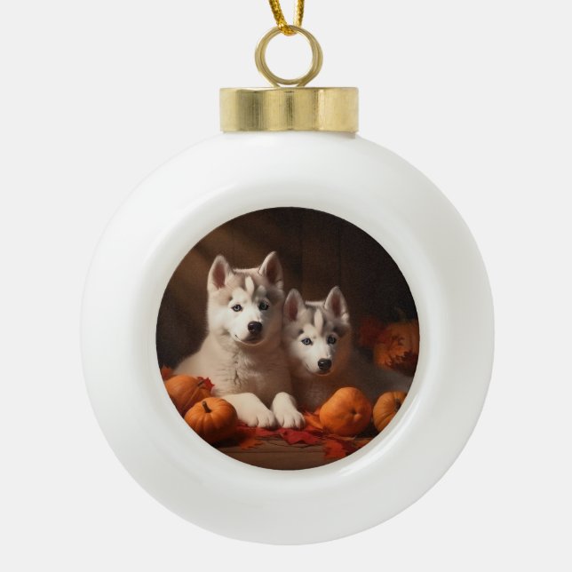 Siberian Husky Puppy Autumn Delight Pumpkin  Ceramic Ball Christmas Ornament (Front)