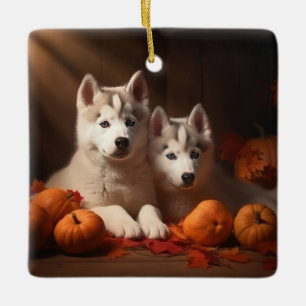 Siberian Husky Puppy Autumn Delight Pumpkin Ceramic Ornament