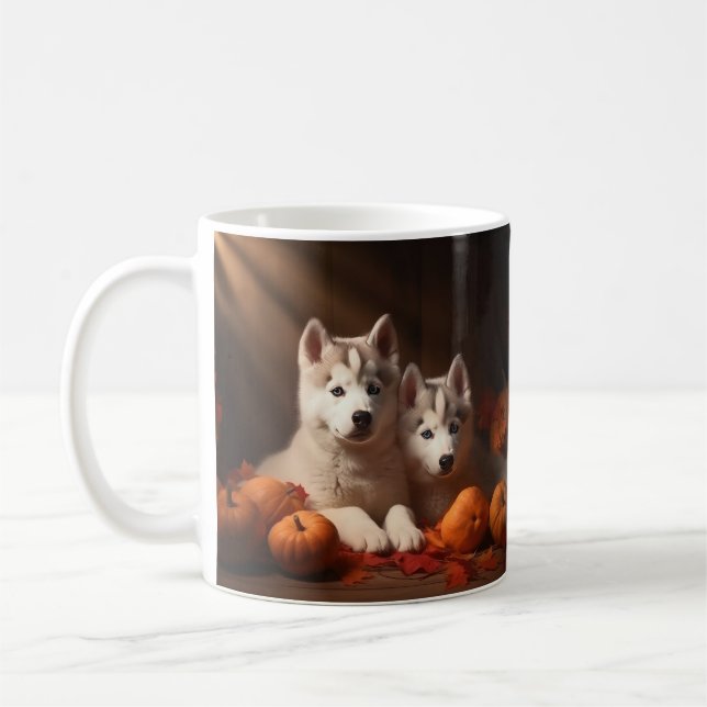 Siberian Husky Puppy Autumn Delight Pumpkin  Coffee Mug (Left)