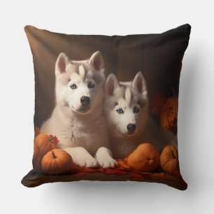 Siberian Husky Puppy Autumn Delight Pumpkin  Cushion