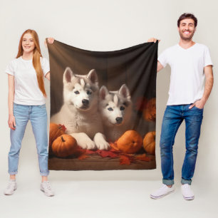 Siberian Husky Puppy Autumn Delight Pumpkin  Fleece Blanket
