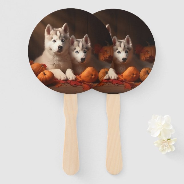 Siberian Husky Puppy Autumn Delight Pumpkin  Hand Fan (Front and Back)