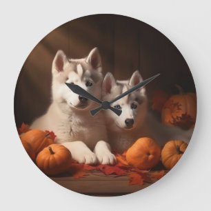 Siberian Husky Puppy Autumn Delight Pumpkin  Large Clock