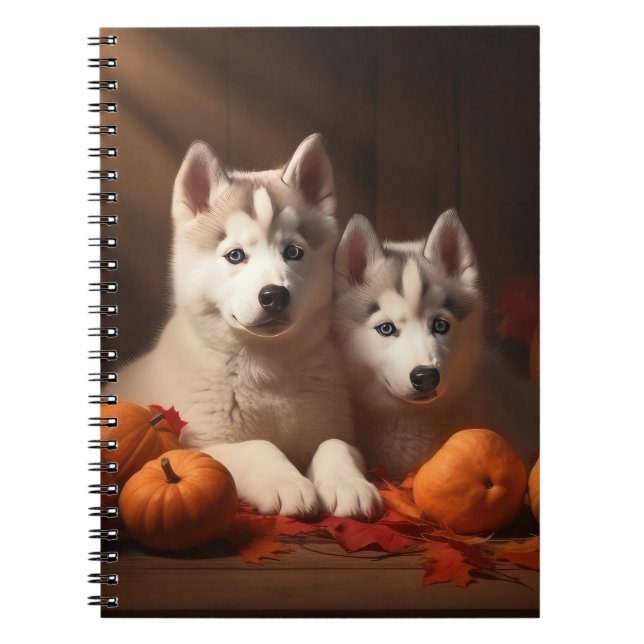 Siberian Husky Puppy Autumn Delight Pumpkin  Notebook (Front)