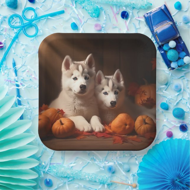 Siberian Husky Puppy Autumn Delight Pumpkin  Paper Plate (Party)