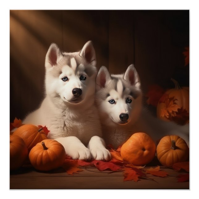 Siberian Husky Puppy Autumn Delight Pumpkin  Poster (Front)