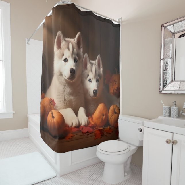 Siberian Husky Puppy Autumn Delight Pumpkin  Shower Curtain (In Situ)