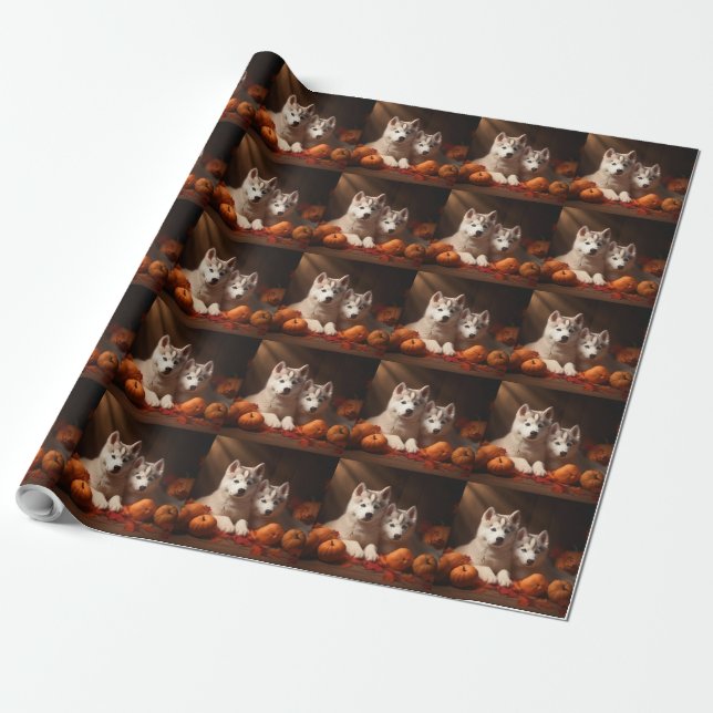 Siberian Husky Puppy Autumn Delight Pumpkin  Wrapping Paper (Unrolled)