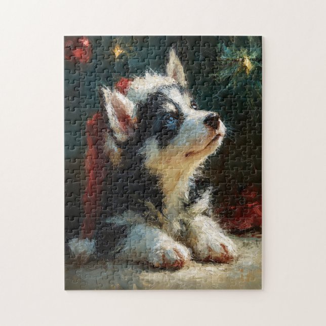 Siberian Husky Puppy Christmas Painting Jigsaw Puzzle (Vertical)