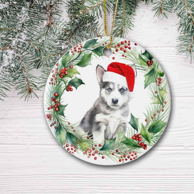 Siberian Husky Puppy Holly Wreath Christmas Ceramic Ornament (Creator Uploaded)