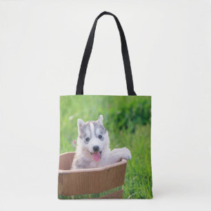 Siberian Husky Puppy in a Pot Tote Bag