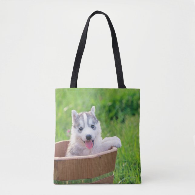 Siberian Husky Puppy in a Pot Tote Bag (Front)