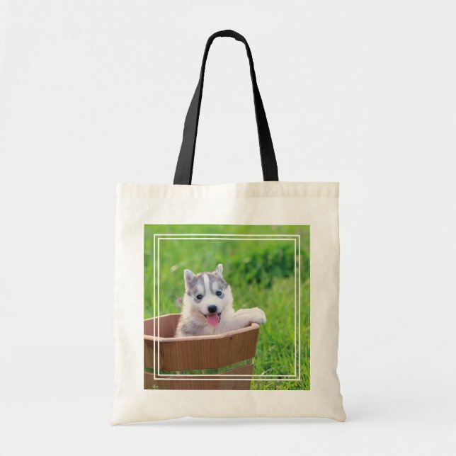 Siberian Husky Puppy in a Pot Tote Bag (Front)