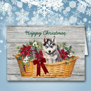 Siberian Husky Puppy in Basket Christmas Card