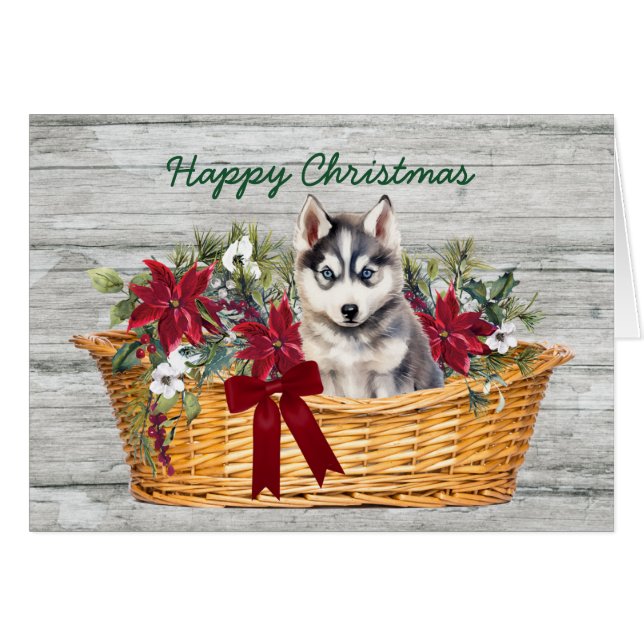 Siberian Husky Puppy in Basket Christmas Card (Front Horizontal)