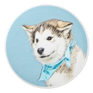 Siberian Husky Puppy Painting - Original Dog Art Ceramic Knob