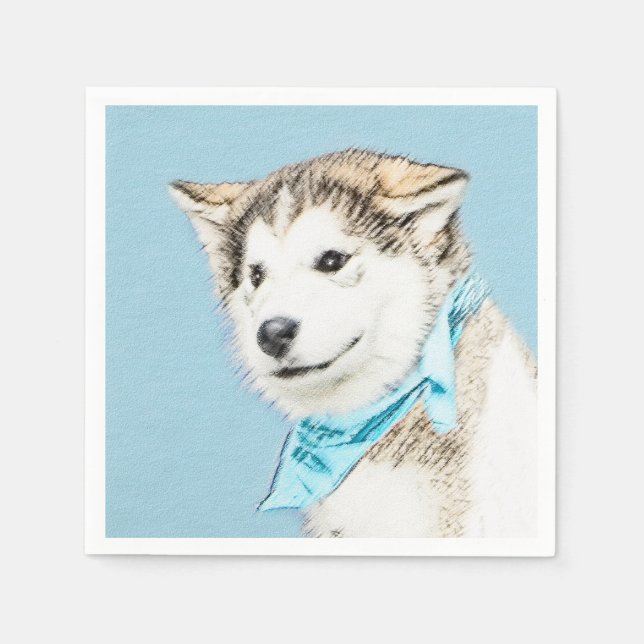 Siberian Husky Puppy Painting - Original Dog Art Napkin (Front)