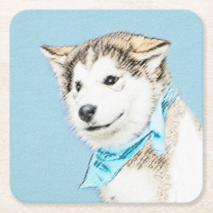Siberian Husky Puppy Painting - Original Dog Art Square Paper Coaster