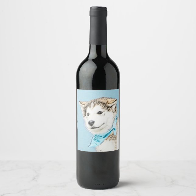 Siberian Husky Puppy Painting - Original Dog Art Wine Label (Front)
