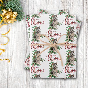 Siberian Husky Red Berry Holly Christmas Wrapping Paper Sheet