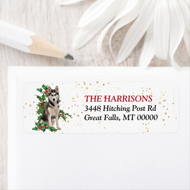 Siberian Husky Red Berry Holly Return Address Label (Insitu)