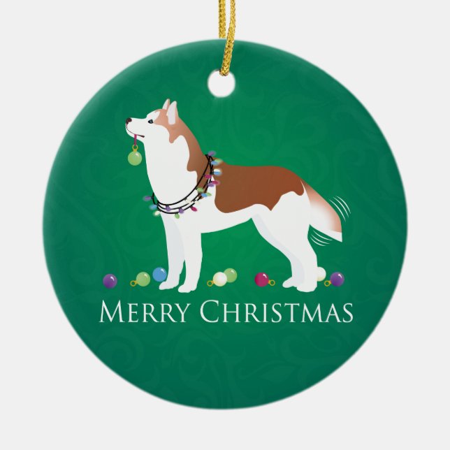 Siberian Husky - Red - Merry Christmas Design Ceramic Ornament (Front)