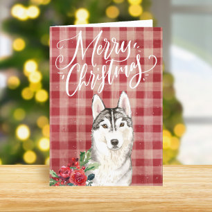 Siberian Husky Red Plaid Christmas Holiday Card