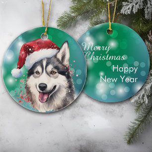 Siberian Husky Red Santa Hat Bokeh Christmas Ceramic Ornament