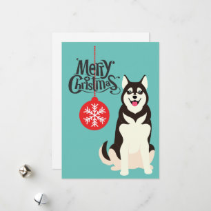 Siberian Husky Retro Aqua Christmas Card