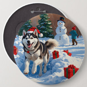 Siberian Husky Running in Snow with Christmas Hat 6 Cm Round Badge