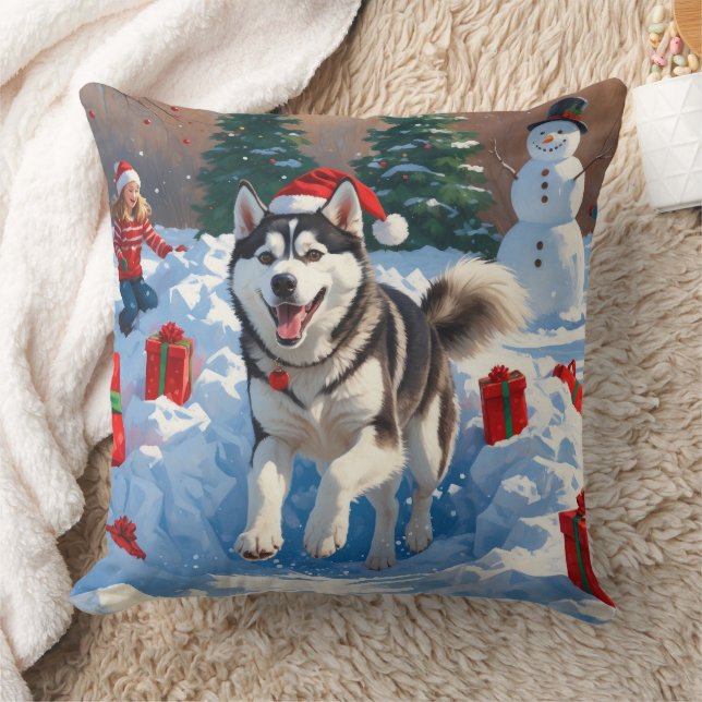 Siberian Husky Running in Snow with Christmas Hat Cushion (Blanket)