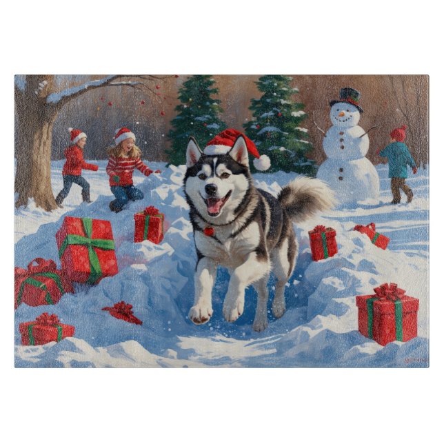Siberian Husky Running in Snow with Christmas Hat Cutting Board (Front)