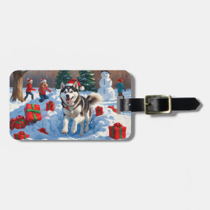 Siberian Husky Running in Snow with Christmas Hat Luggage Tag