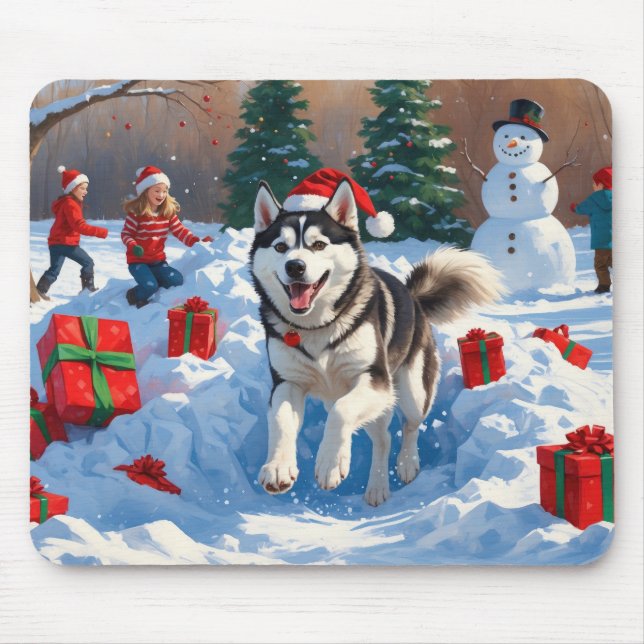 Siberian Husky Running in Snow with Christmas Hat Mouse Pad (Front)