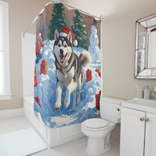 Siberian Husky Running in Snow with Christmas Hat Shower Curtain