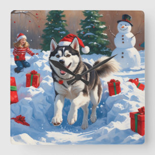 Siberian Husky Running in Snow with Christmas Hat Square Wall Clock