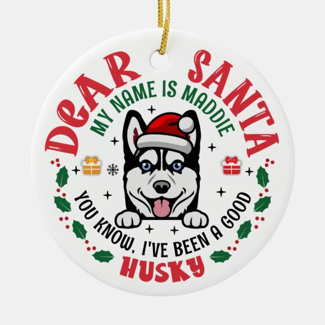 Siberian Husky Santa Christmas Custom Dog Name Ceramic Ornament (Front)