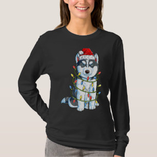 Siberian Husky Santa Christmas Tree Lights Xmas Bo T-Shirt