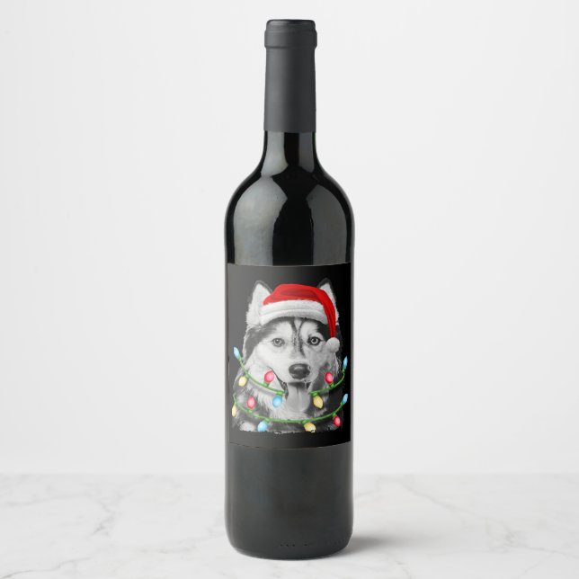 Siberian Husky Santa Christmas Tree Lights Xmas Wine Label (Front)