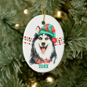 Siberian Husky Santa Hat Holiday String Beads Ceramic Ornament