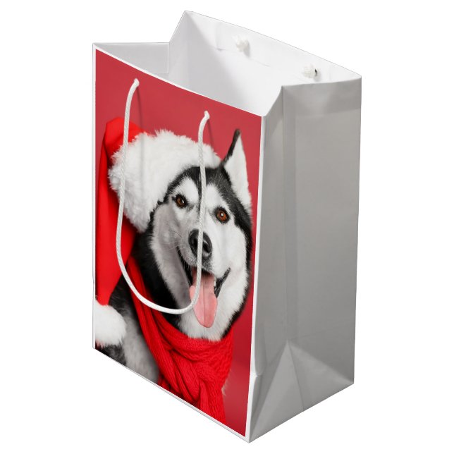 Siberian Husky Santa Medium Gift Bag (Front Angled)