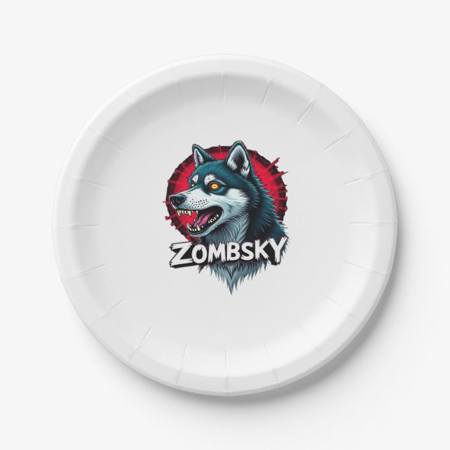 Siberian Husky Sibe Zombie Dog Halloween Essential Paper Plate (Front)