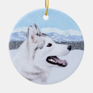 Siberian Husky (Silver and White) Painting Dog Art Ceramic Ornament