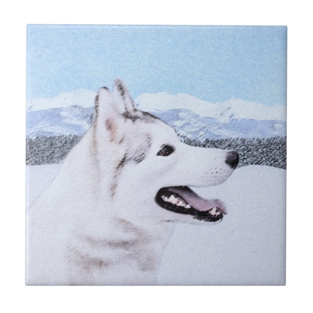 Siberian Husky (Silver and White) Painting Dog Art Ceramic Tile (Front)