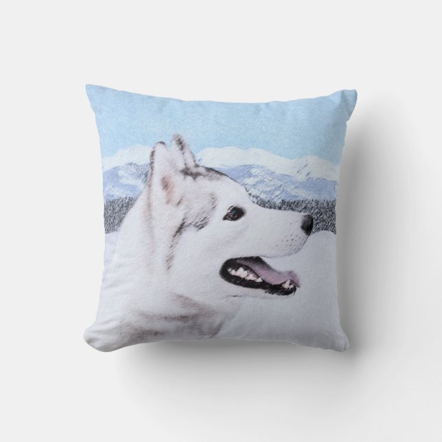 Siberian Husky (Silver and White) Painting Dog Art Cushion (Front)