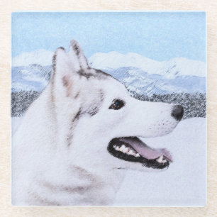 Siberian Husky (Silver and White) Painting Dog Art Glass Coaster