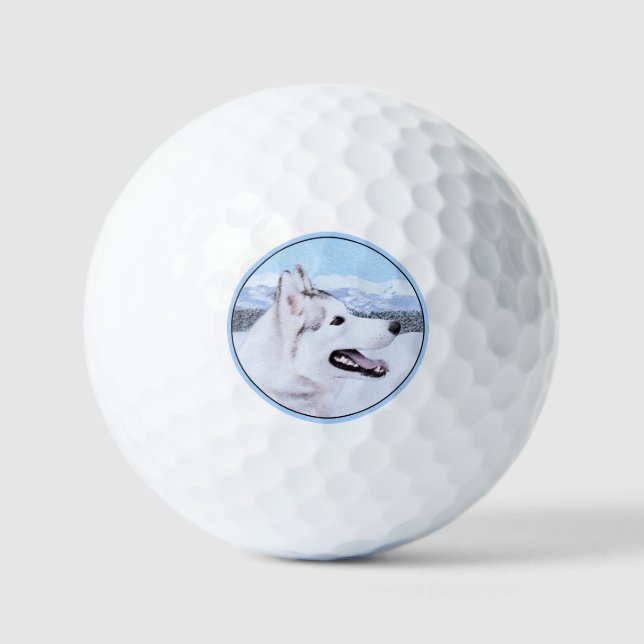 Siberian Husky (Silver and White) Painting Dog Art Golf Balls (Front)