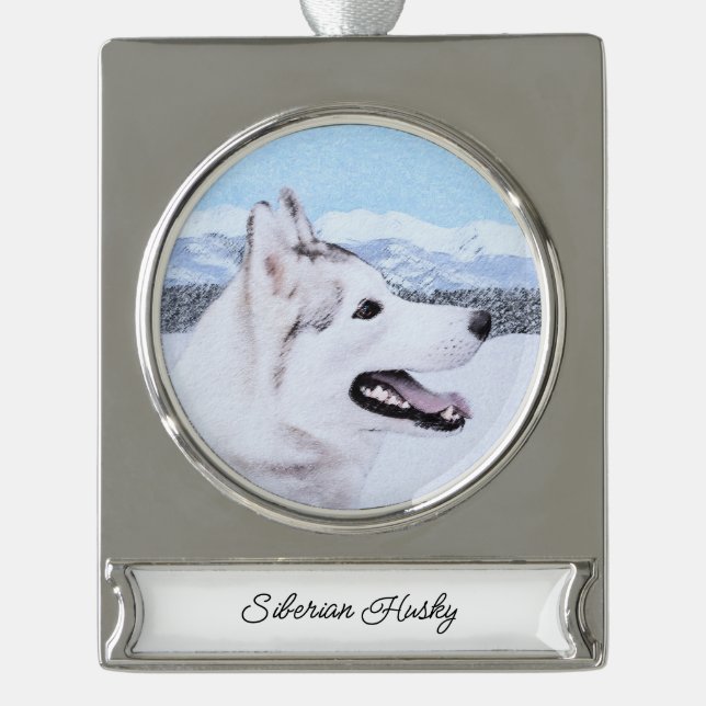Siberian Husky (Silver and White) Painting Dog Art Silver Plated Banner Ornament (Front)
