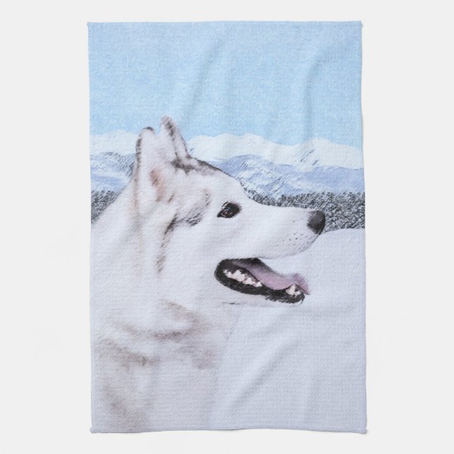 Siberian Husky (Silver and White) Painting Dog Art Tea Towel (Vertical)